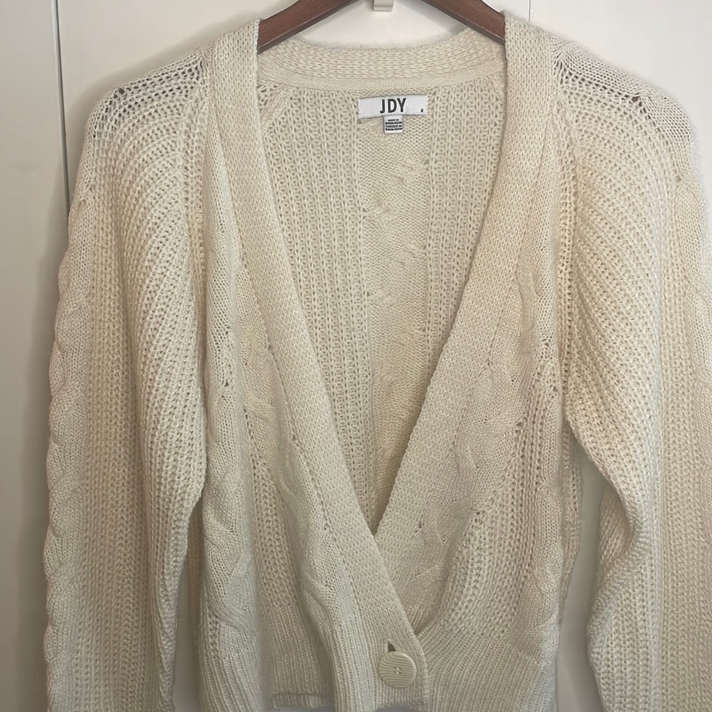 Cream Knit Sweater with Deep V Neck